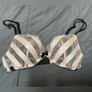 Victoria's Secret Striped Lace Push Up Bra - Black and Cream